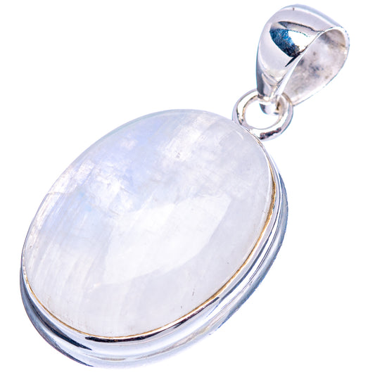 Oval rainbow moonstone pendant in .925 sterling silver, full view with loop bail
