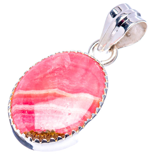 Pink oval rhodochrosite pendant with sterling silver bail and scalloped bezel