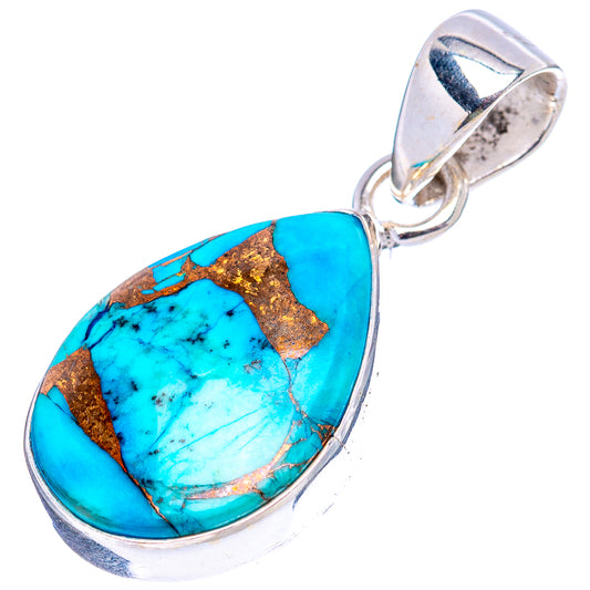 Turquoise teardrop pendant with silver bezel and bail, copper-speckled inlay