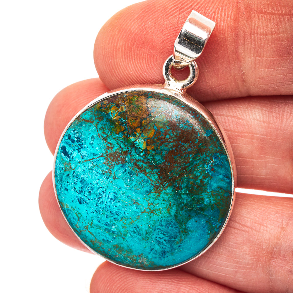 Round turquoise shattuckite pendant with .925 sterling silver bezel and bail