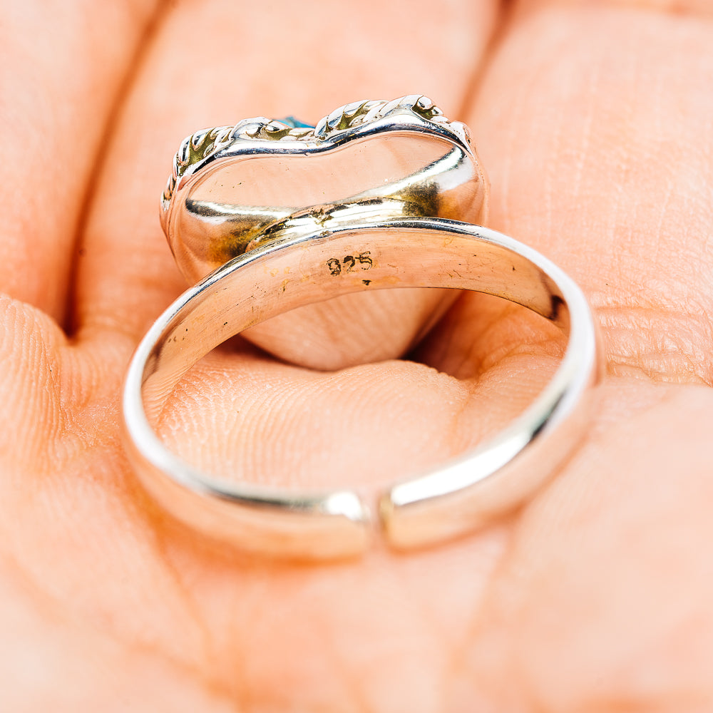 Southwestern Style Spiny Oyster Turquoise Heart Ring Size 8 Adjustable (.925 Sterling Silver)