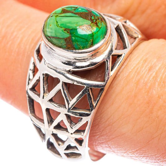 Green turquoise cabochon sterling silver filigree ring, cutout band design