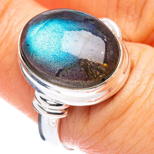 Oval labradorite gemstone ring in polished .925 sterling silver, size 7.75