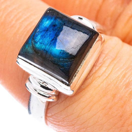 Blue labradorite gemstone ring in .925 sterling silver, square bezel, size 7.75