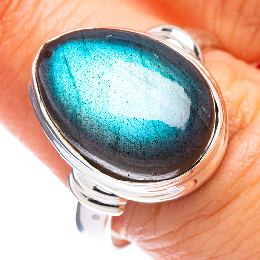 Labradorite ring, oval blue flash gemstone in .925 sterling silver band