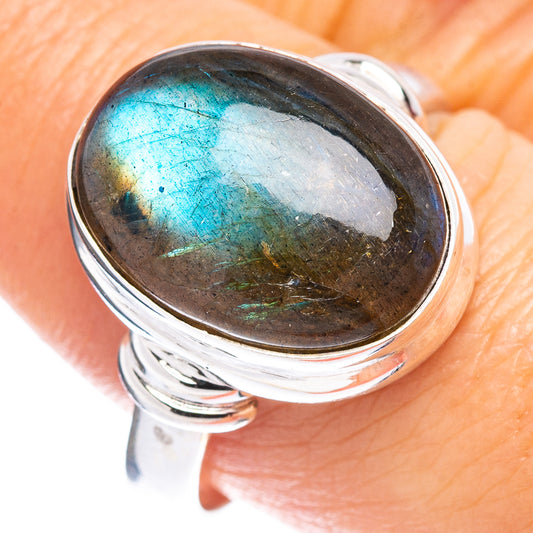 Labradorite oval cabochon sterling silver ring, blue-green iridescent flash