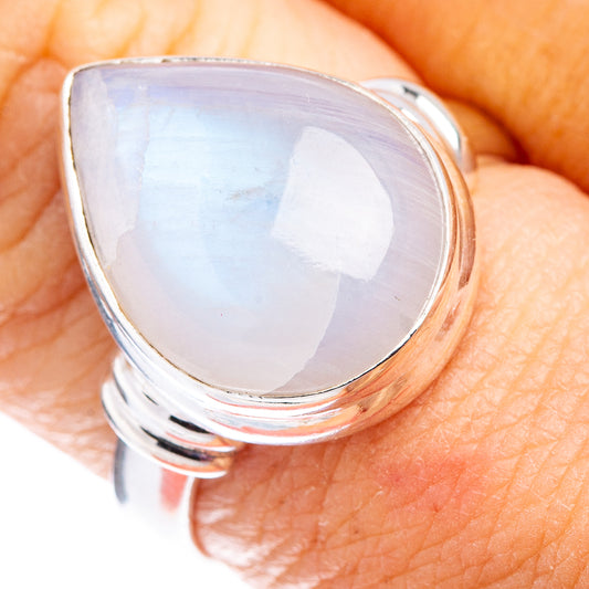 Teardrop moonstone cabochon sterling silver ring with glossy pale face close-up