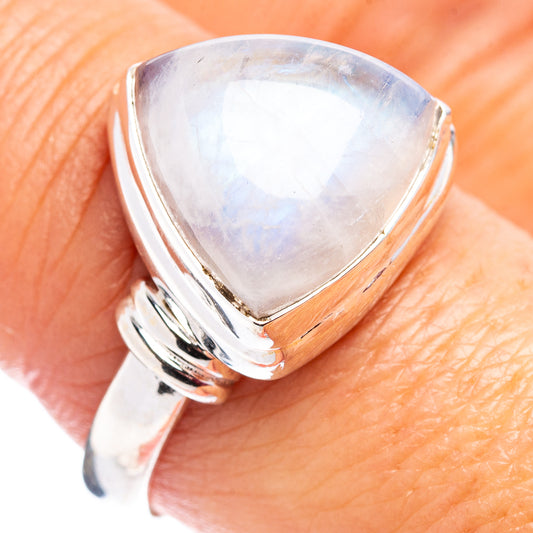 Sterling silver ring with pear-cut rainbow moonstone, open prong setting