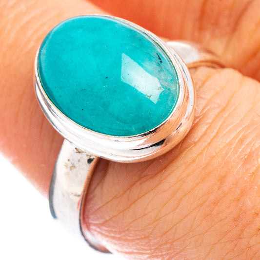 Oval amazonite gemstone ring in .925 sterling silver with teal cabochon bezel setting