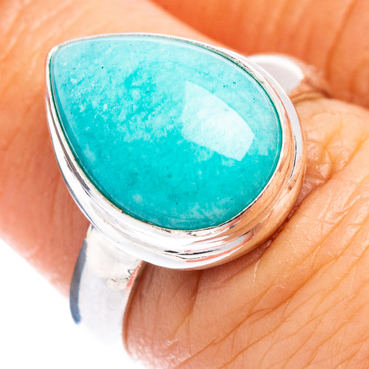 Amazonite cabochon sterling silver ring with oval turquoise stone, size 6.75