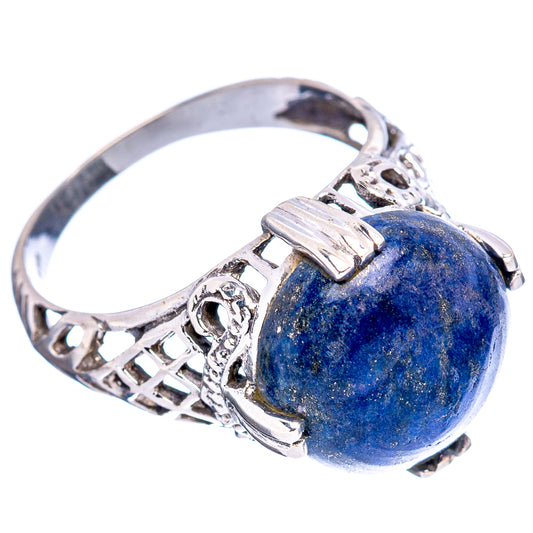 Sterling silver ring with oval blue lapis stone, engraved lattice band detail