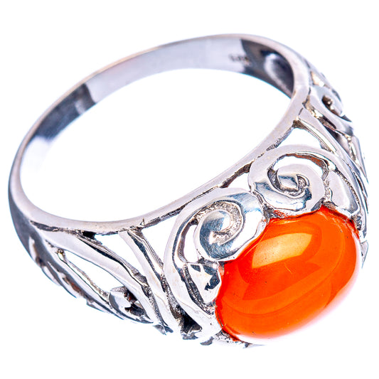 Orange carnelian cabochon filigree sterling silver ring, side profile with openwork
