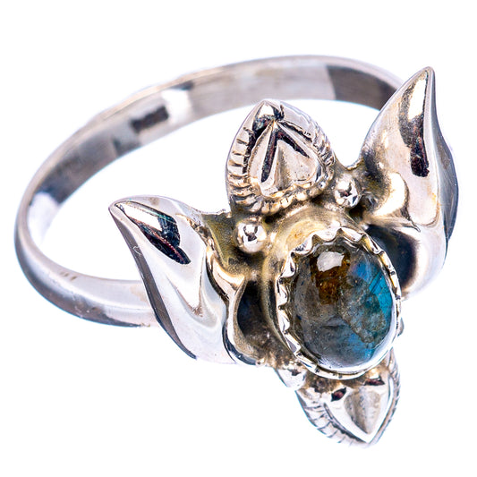Side view of sterling silver native-style ring with blue labradorite cabochon