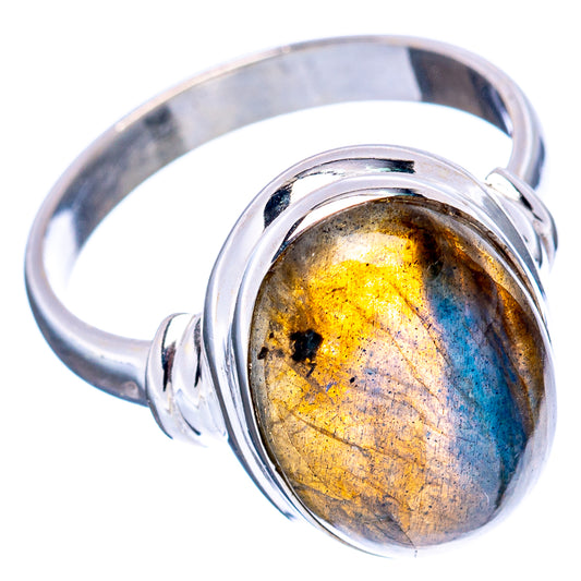 Labradorite oval cabochon sterling silver ring, yellow-blue iridescence and ridged band