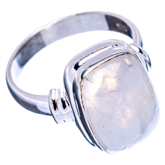 Sterling silver ring showing oval moonstone set in rounded bezel, split shank