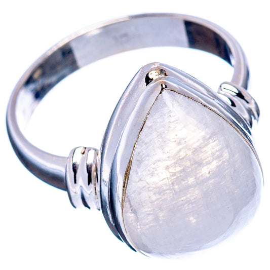 Sterling silver moonstone ring with round-oval white cabochon and curved side setting