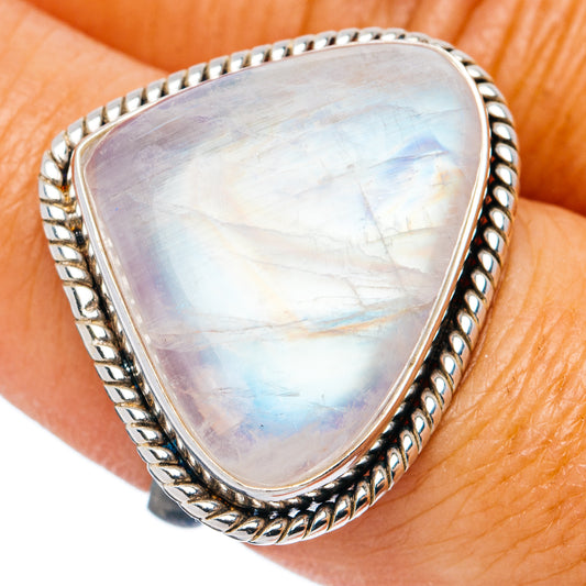 Sterling silver moonstone ring with triangular rainbow cabochon and braided border