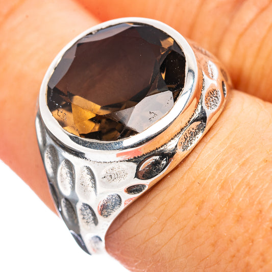 Smoky quartz gemstone ring in .925 sterling silver with oval dark stone and textured band