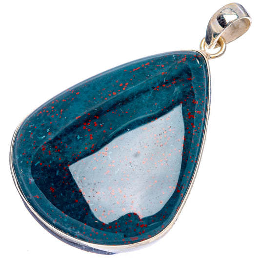 Bloodstone pendant with silver bail and teardrop bezel, blue-green stone with red flecks