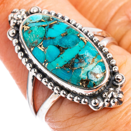 Size 7 turquoise inlay sterling silver ring with oval cabochon and bead-set border