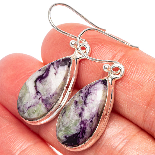 Sterling silver teardrop stone earrings with purple-and-green natural rock cabochons