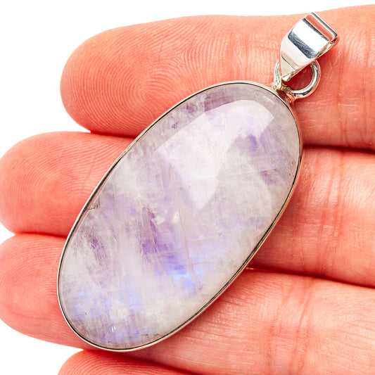Oval moonstone cabochon pendant with lavender iridescence, .925 sterling silver bezel
