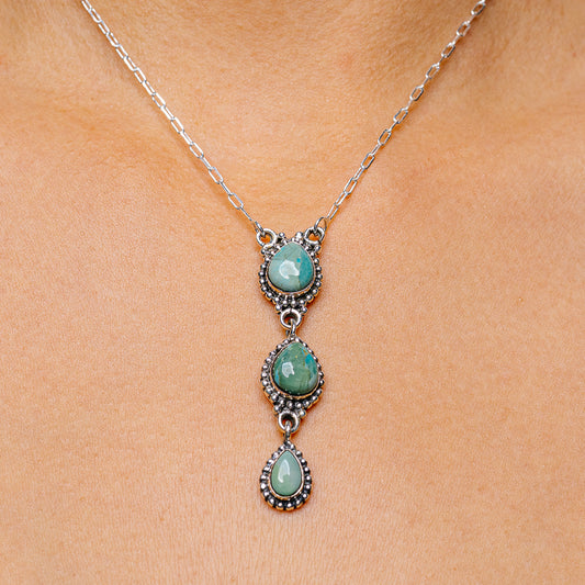 Sterling silver turquoise pendant necklace with three oval cabochons and ornate prong settings