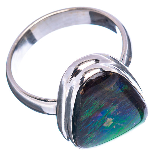 Sterling silver ammolite ring with dark green iridescent oval stone, side view
