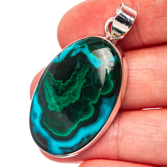 Oval malachite chrysocolla pendant, teal green stone, sterling silver bail