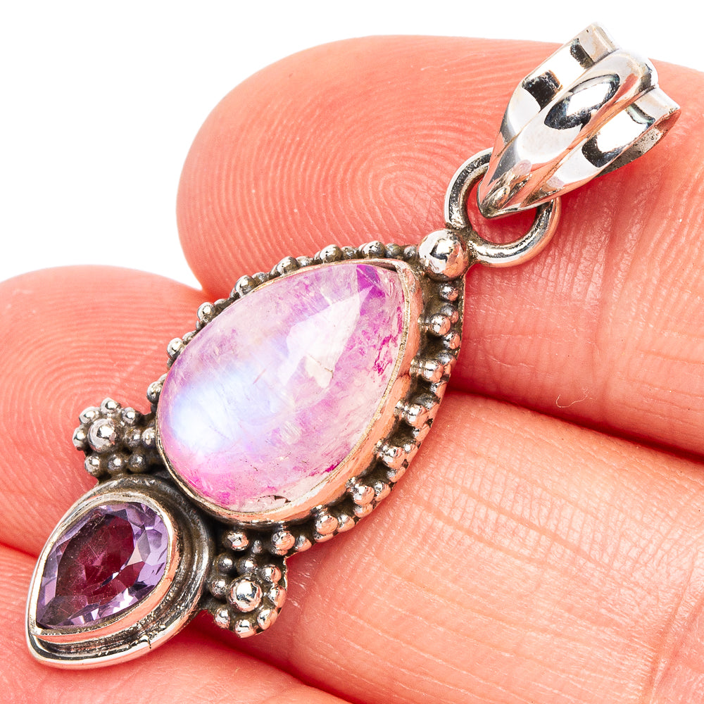 Pink Moonstone, Amethyst Pendant 1 1/2" (925 Sterling Silver) P44912