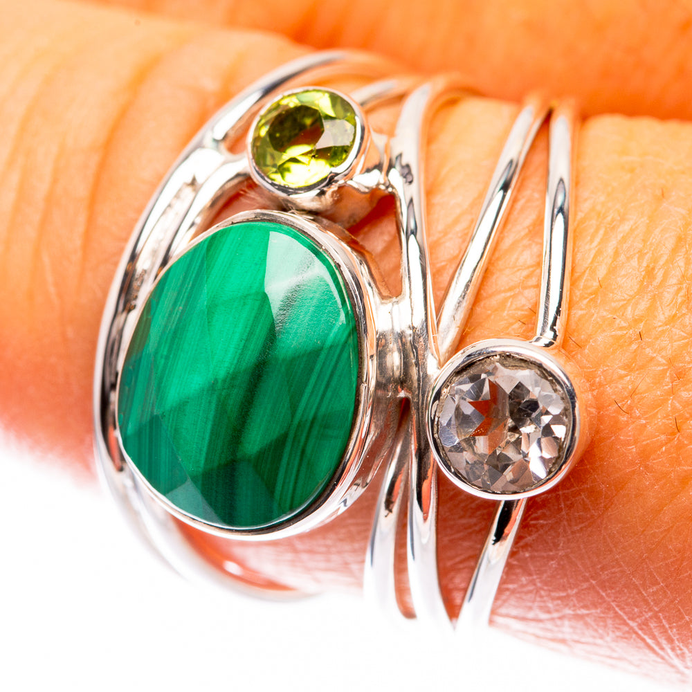 Premium Malachite, White Quartz, Peridot Ring Size 8 (925 Sterling Silver) R141739