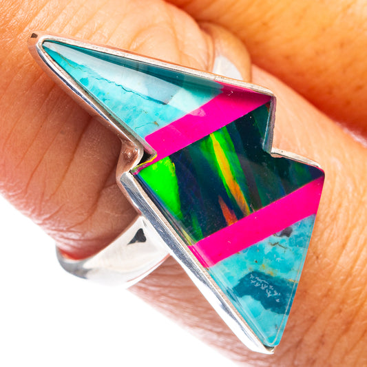 Sterling silver opal bolt ring with triangular multicolor gemstone and magenta accents