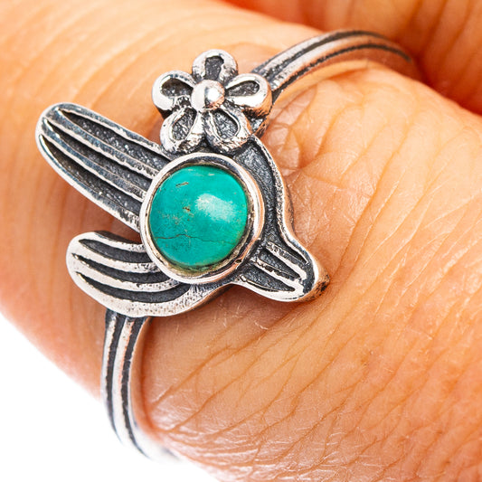 Sterling silver turquoise cactus dainty ring, flower accents and green cabochon