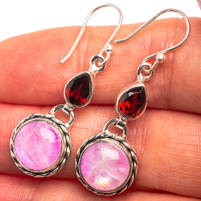 Pink Moonstone, Garnet Earrings 1 5/8" (925 Sterling Silver) E432420