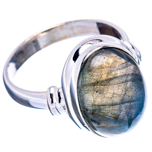 Polished .925 sterling silver labradorite oval ring with blue-gray shimmer bezel setting