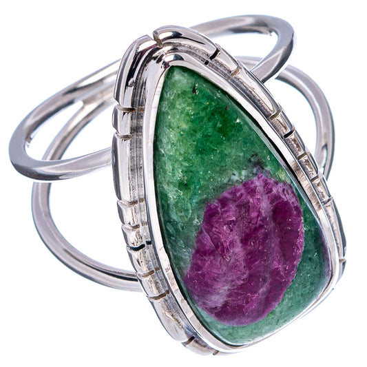 Sterling silver gemstone ring, oval green stone with purple magenta focal area