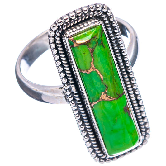 Sterling silver turquoise ring with rectangular green gemstone and rope border on band