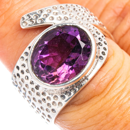 Amethyst sterling silver ring with oval purple gemstone, textured band, size 6