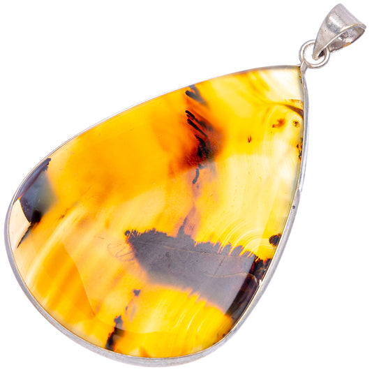 Silver-plated Montana agate teardrop pendant with yellow stone and dark swirls, loop bail
