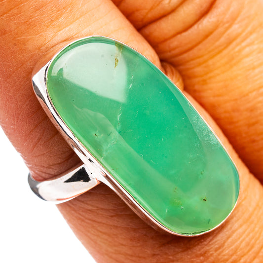Sterling silver ring with oval green chrysoprase cabochon bezel