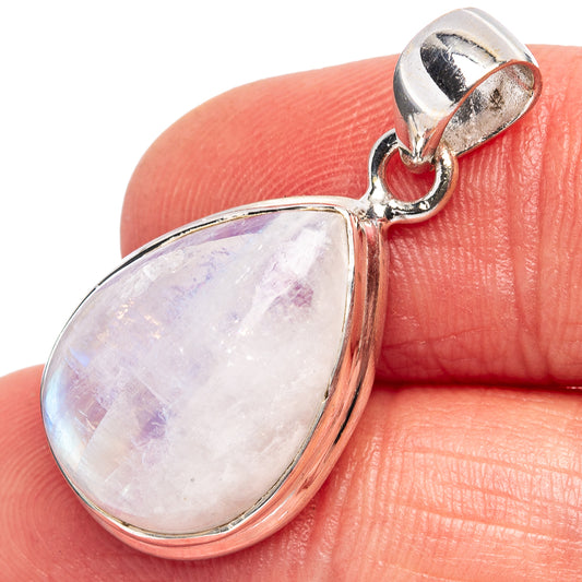 Sterling silver moonstone pendant with teardrop rainbow flash, top bail visible