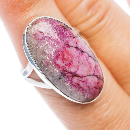 Oval cabochon gemstone ring with pink and gray stone in .925 sterling silver setting