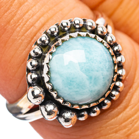 Round blue larimar cabochon ring with beaded sterling silver halo, size 7