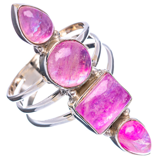Sterling silver ring with three pink oval and rectangular moonstone cabochons