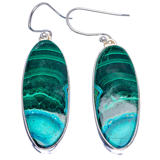 Sterling silver drop earrings with oval green and teal malachite-like stone, curved hooks