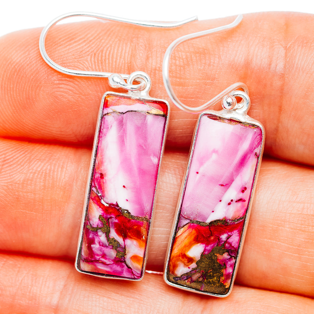Pink Dahlia Turquoise Earrings 1 5/8" (.925 Sterling Silver)