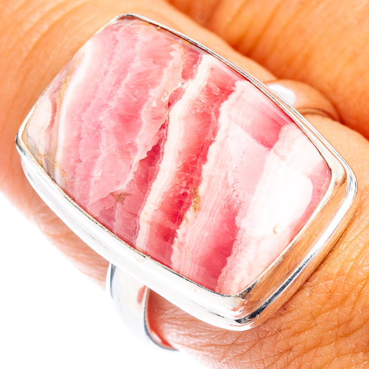 Size 9 rhodochrosite cabochon ring in .925 sterling silver with pink striped stone