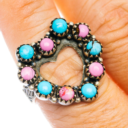 Heart-shaped turquoise and pink stone ring in antique silver setting