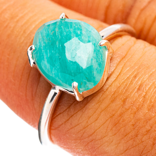 Amazonite oval gemstone ring in .925 sterling silver, teal stone on prong setting