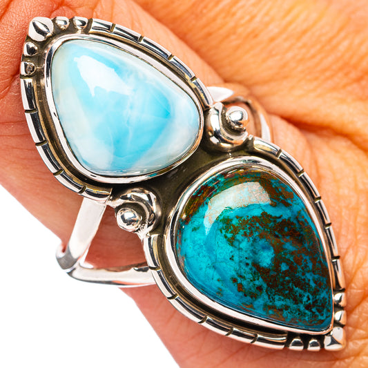 Sterling silver ring with oval larimar and shattuckite cabochons, size 10